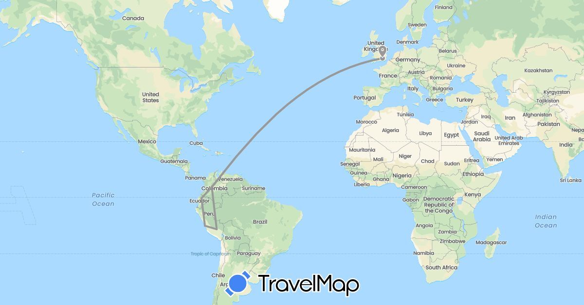TravelMap itinerary: driving, plane in Colombia, Ecuador, United Kingdom, Peru (Europe, South America)